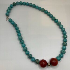 Turquoise & Coral Beaded Necklace Sterling SilverToggle Clasp